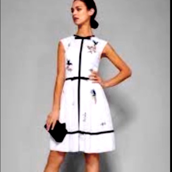 Ted Baker White Dress With Black Trim And Subtle Floral Embroidery Size 4, Us 10
